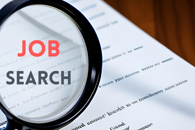 A photo of a document with tiny unreadable font. Above the document there is a magnifying glass with the text JOB SEARCH written inside of it. The word JOB is in red color, and the word Search is in grey color.